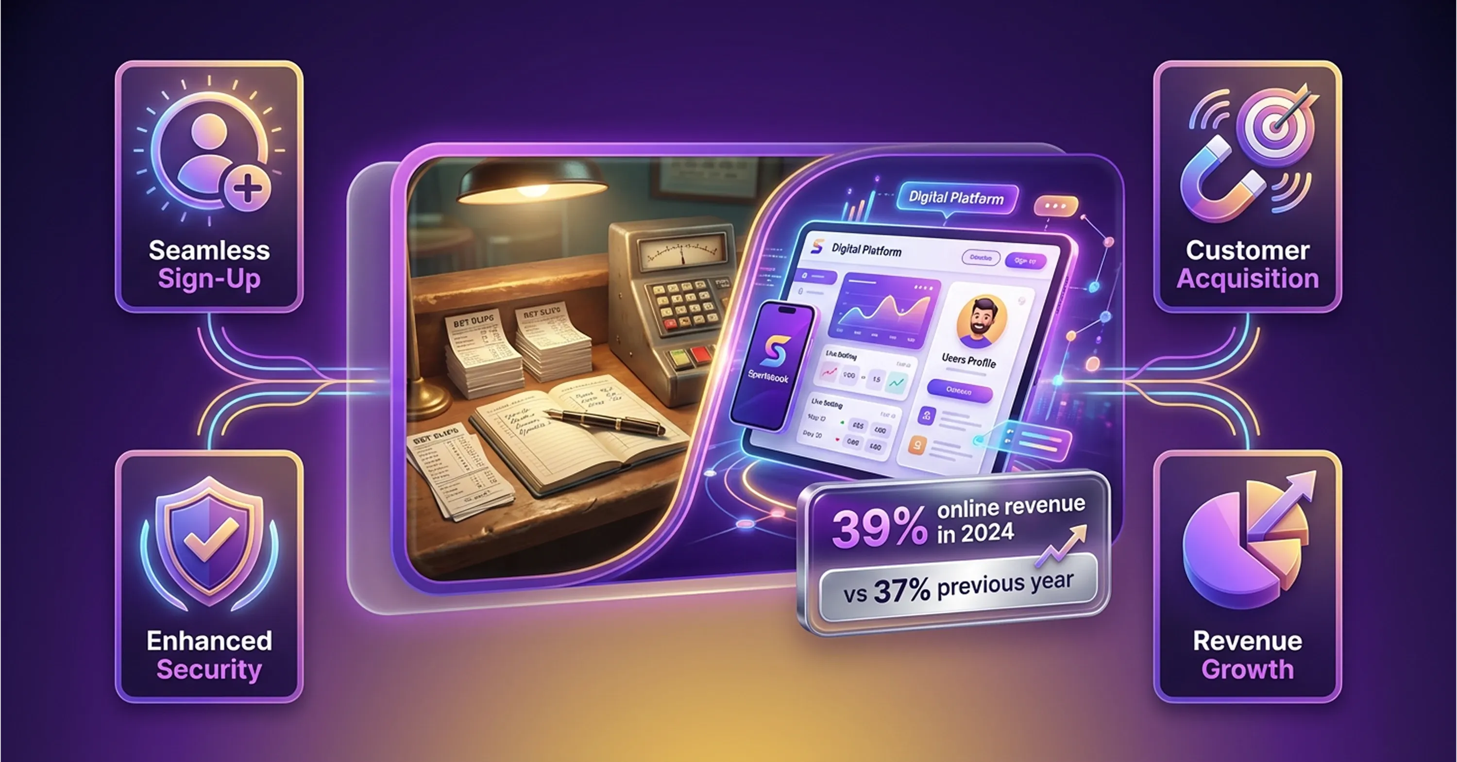 Digital platform dashboard showing user sign-up, customer acquisition, enhanced security, and revenue growth metrics.