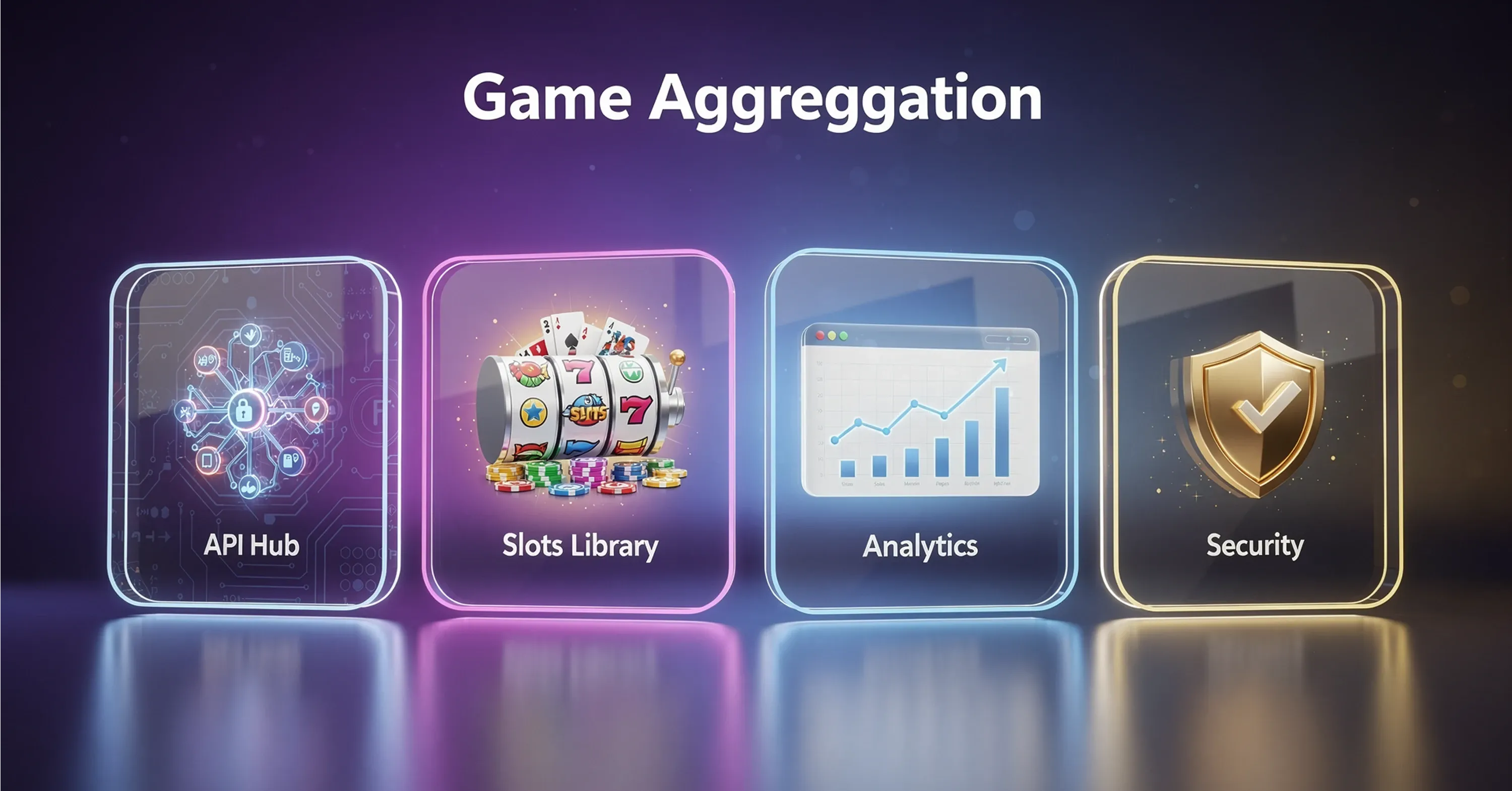 Game aggregation platform showing API hub, slots library, analytics, and security modules