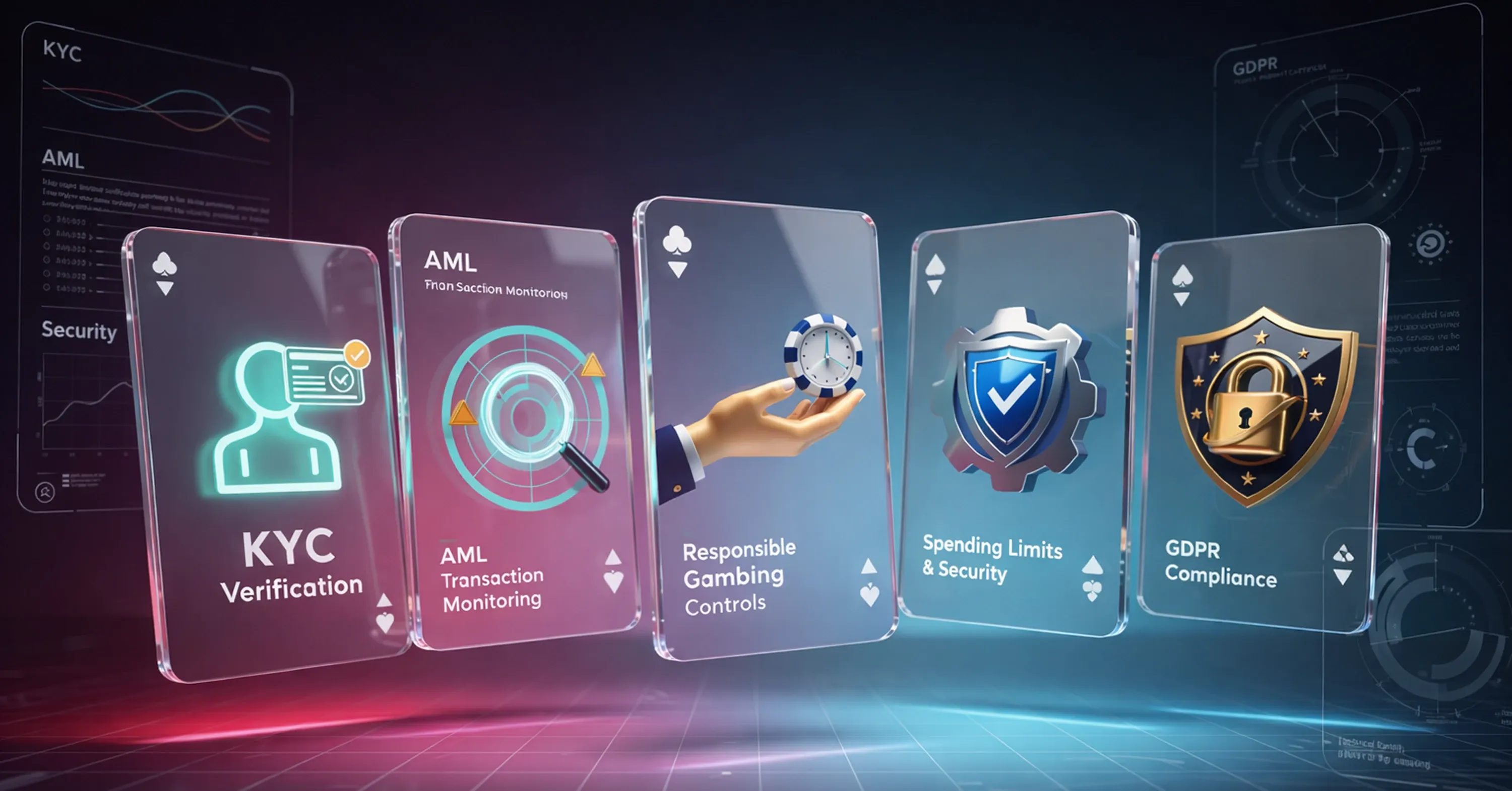 Illustration of KYC verification, AML transaction monitoring, responsible gambling controls, spending limits, and GDPR compliance for online gambling platforms