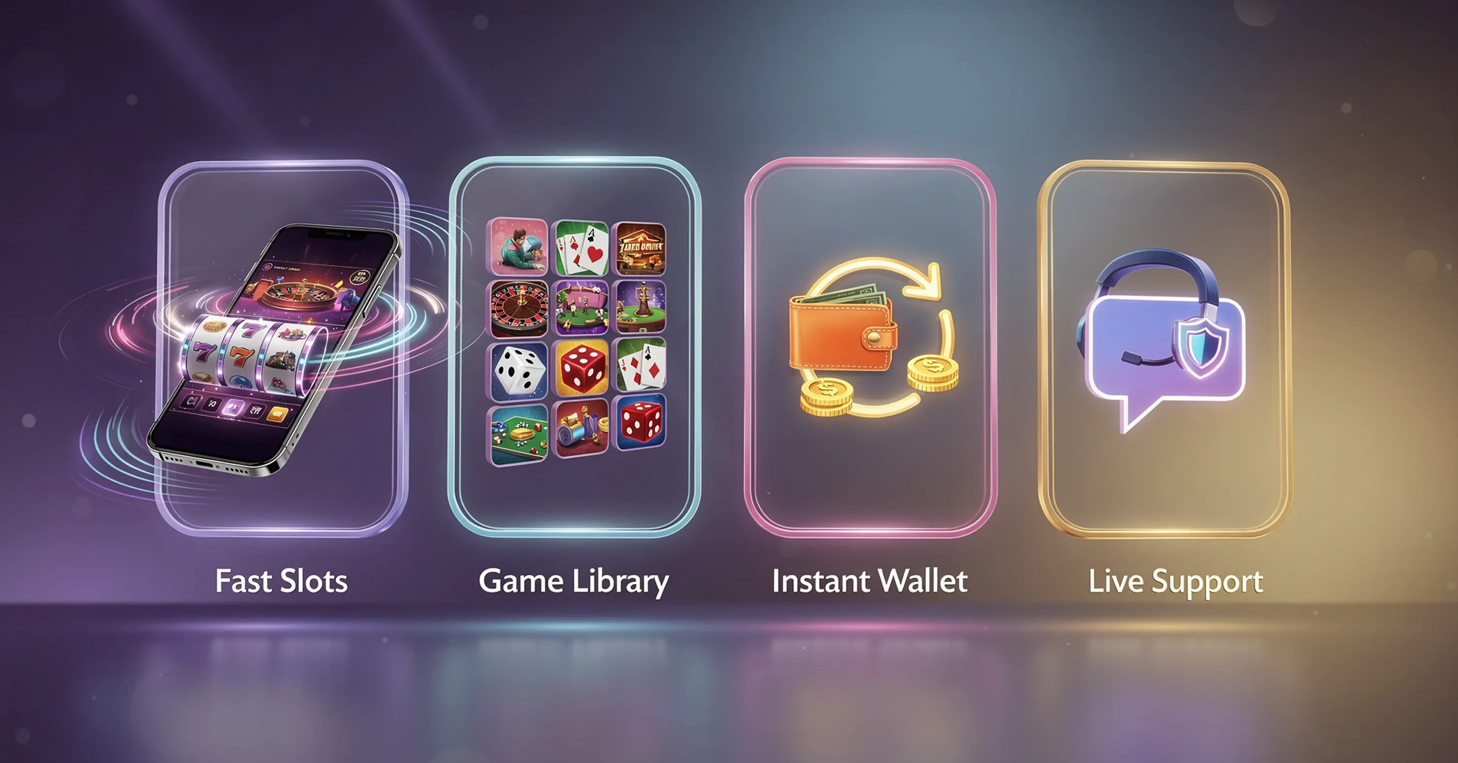 Mobile casino app features including fast slots, game library, instant wallet payments, and live support