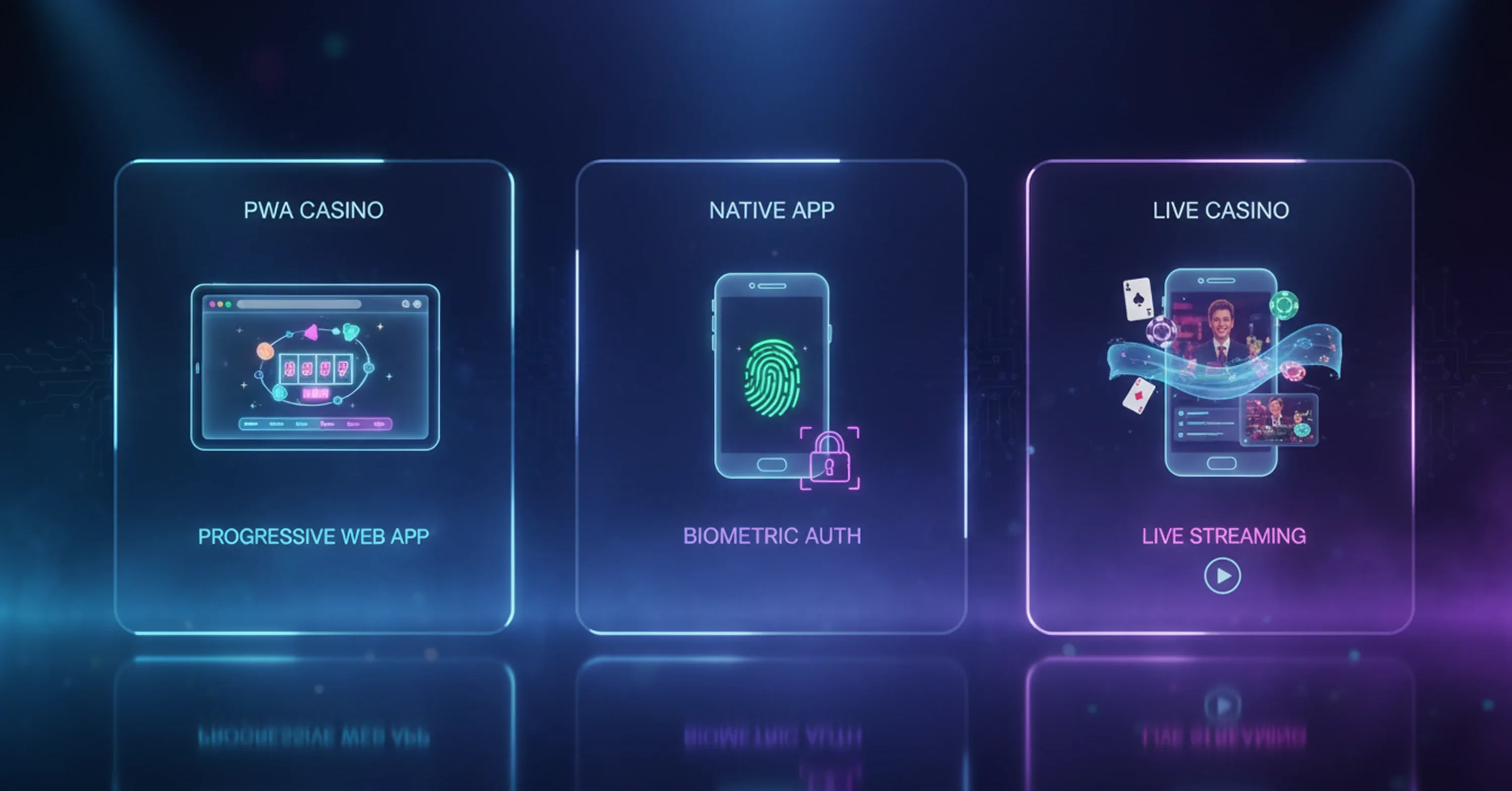 A digital casino platform graphic showcases PWA casino, native app biometric authentication, and live casino streaming features in neon interface panels