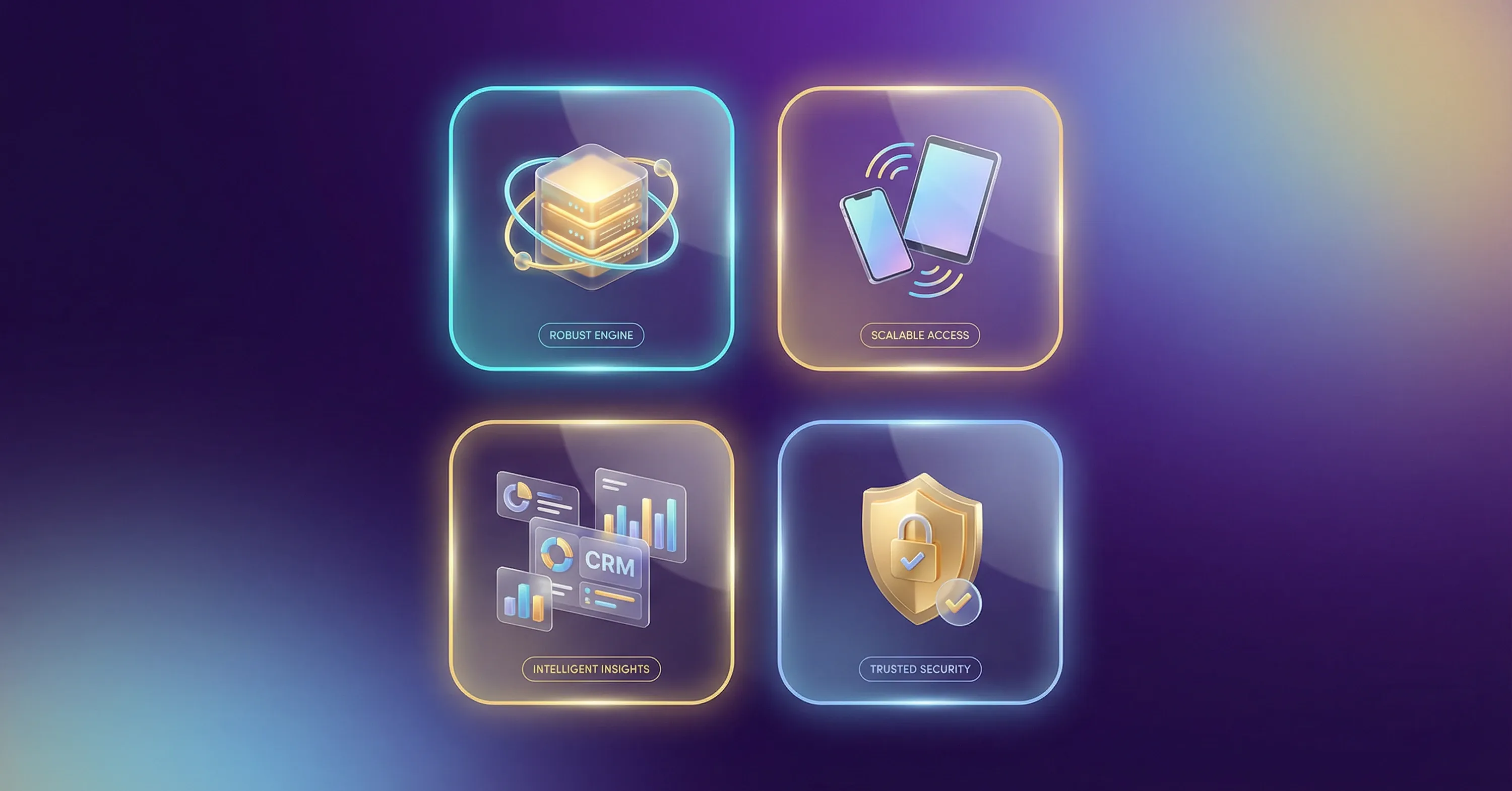Modern 3D UI cards illustrating core SaaS platform technology with robust engine infrastructure, scalable access, intelligent CRM insights, and trusted security features
