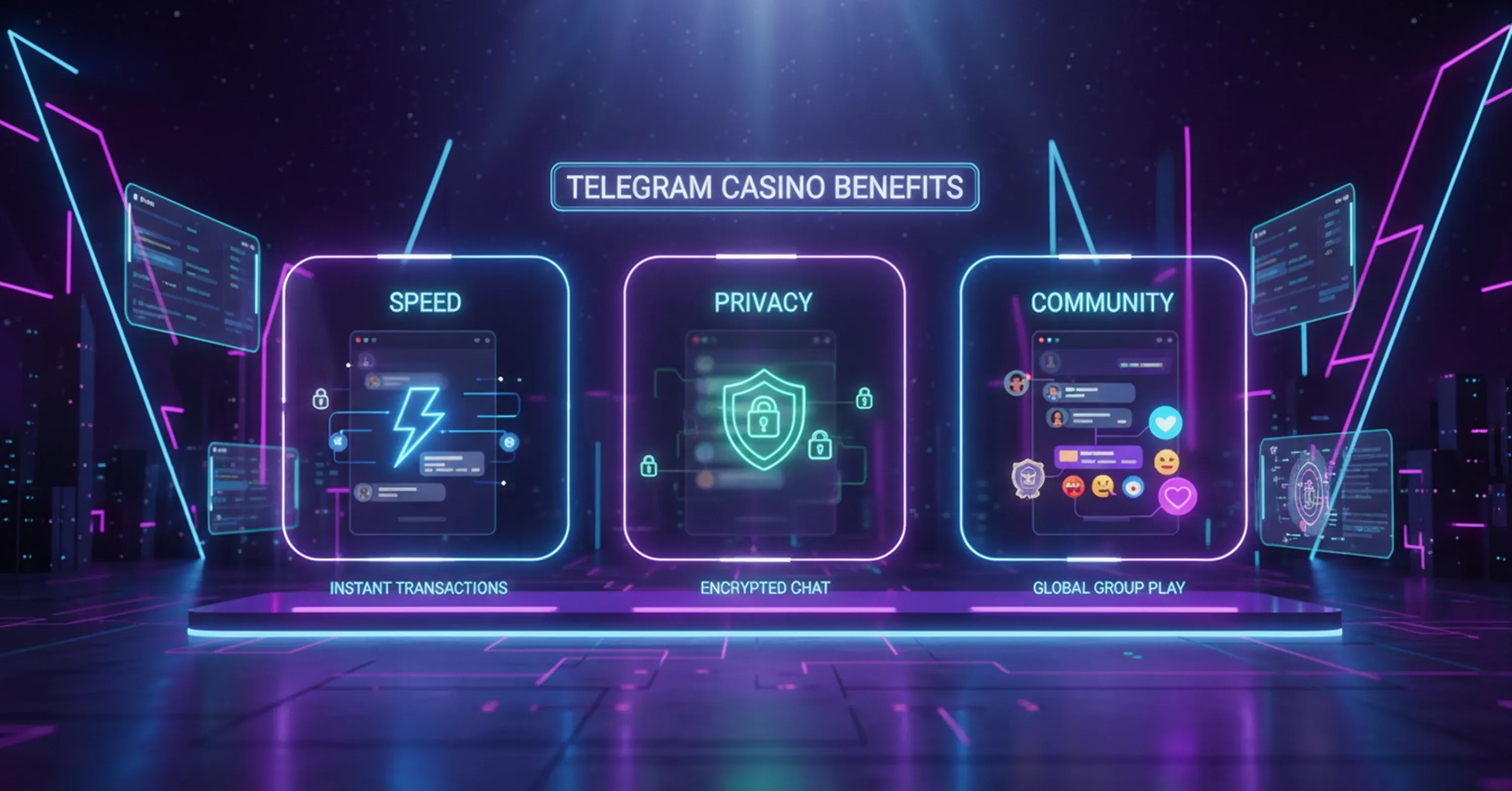 A neon digital interface highlights Telegram casino benefits including instant transactions, encrypted privacy, and community-based global group play
